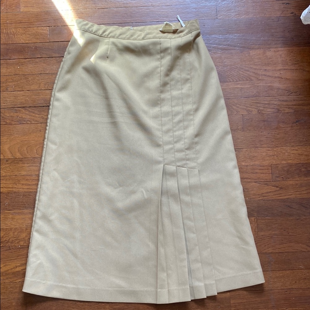 Vintage Cream Tan Pleated Pencil Midi Skirt for Work